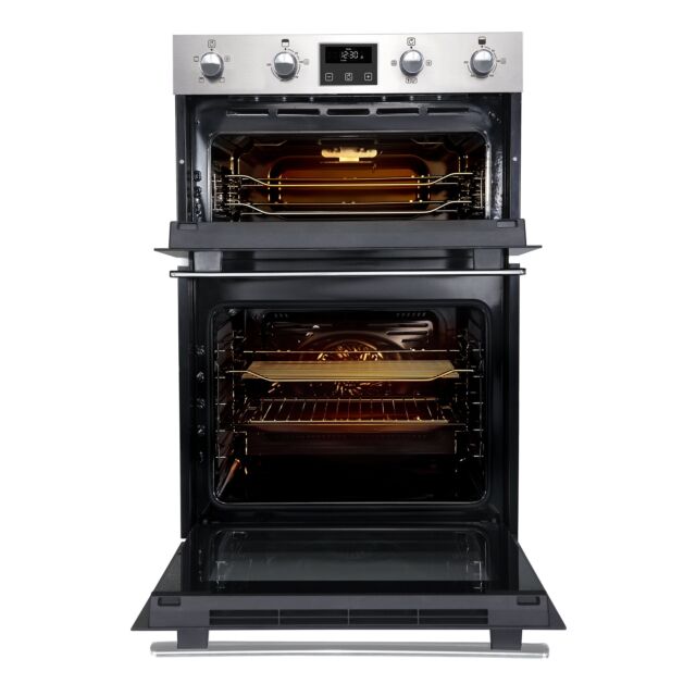 Belling BI902FP Stainless Steel, Built In Double Oven, Soft Close Doors, Timer, White Led Display