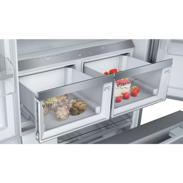 Bosch KFF96PIEP 183 x 91 x 71 FDBM French Door style, pullout bottom freezer drawer, plumbed for ice