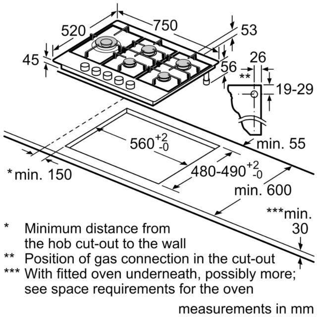 Bosch PCS7A5I90 Series 6, Gas hob, 75 cm, Stainless steel