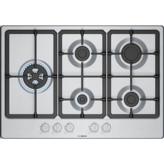 Bosch PGM7B5K90 75Cm, 5 Burners, 3.3Kw Wok, 3 Dishwasher Suitable Cast Iron Pan Supports, New Standa