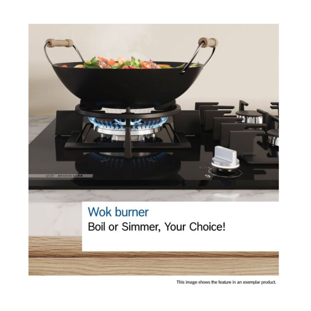 Bosch PGM7B5K90 75Cm, 5 Burners, 3.3Kw Wok, 3 Dishwasher Suitable Cast Iron Pan Supports, New Standa
