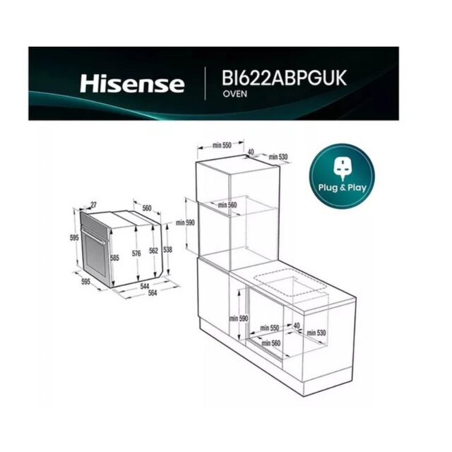 Hisense BI622ABPGUK Built In Electric Single Steam, Plug & Play Oven - Jet Black