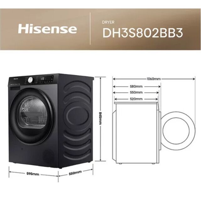Hisense DH3S802BB3 3S Series Dh3s802bb3 Wifi-Enabled 8Kg Heat Pump Tumble Dryer - Black