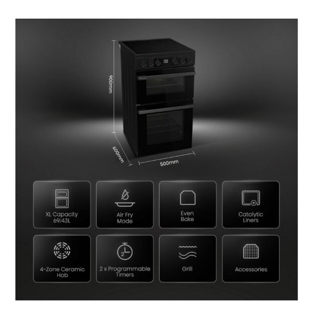 Hisense HDCEC5C10B 50Cm Double Oven Electric Cooker With Ceramic Hob - Black