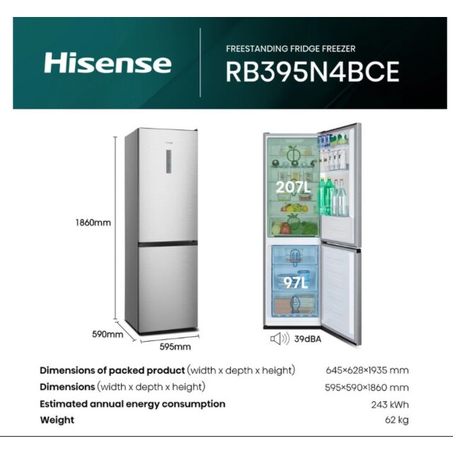 Hisense RB395N4BCE 60/40 Total No Frost Fridge Freezer - Stainless Steel