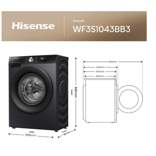 Hisense WF3S1043BB3 10.5Kg 1400 Spin Steam Washing Machine - Black