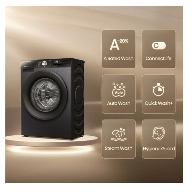 Hisense WF3S1043BB3 10.5Kg 1400 Spin Steam Washing Machine - Black