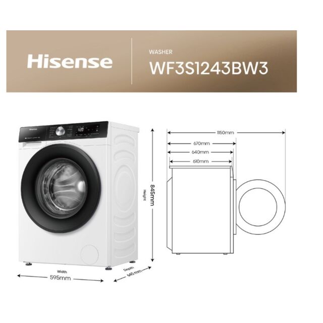 Hisense WF3S1243BW3 12Kg 1400 Spin, Steam Washing Machine - White