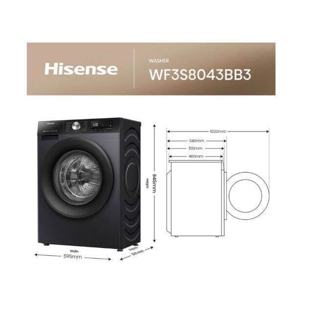 Hisense WF3S8043BB3 8Kg 1400 Spin Washing Machine - Black