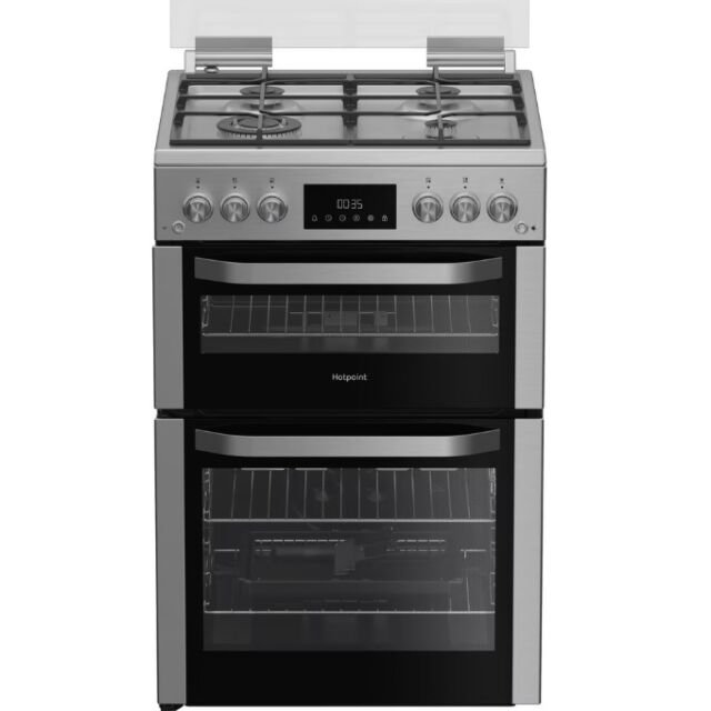 Hotpoint HDG6GDCWX 60Cm Gas Double Oven Cooker With Glass Lid - Stainless Steel Finish