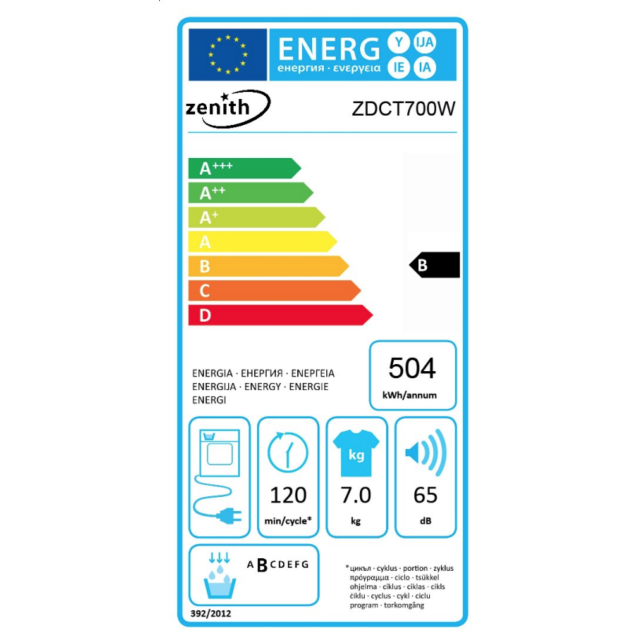 Zenith ZDCT700W 7Kg Condenser Tumble Dryer - White - B Energy Rated